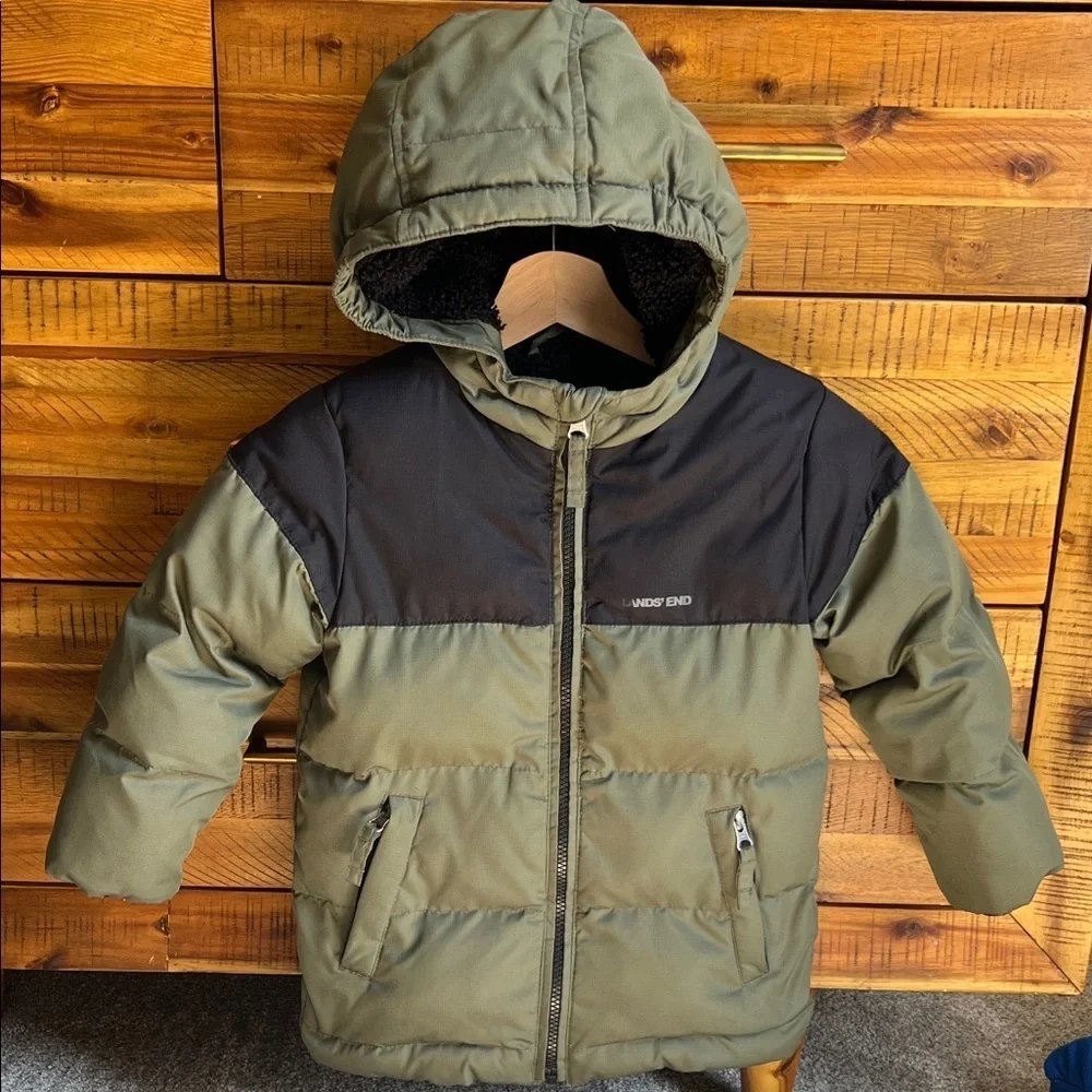 Lands' End Green and Black Hooded Jacket Boys Fleece Lined Coat